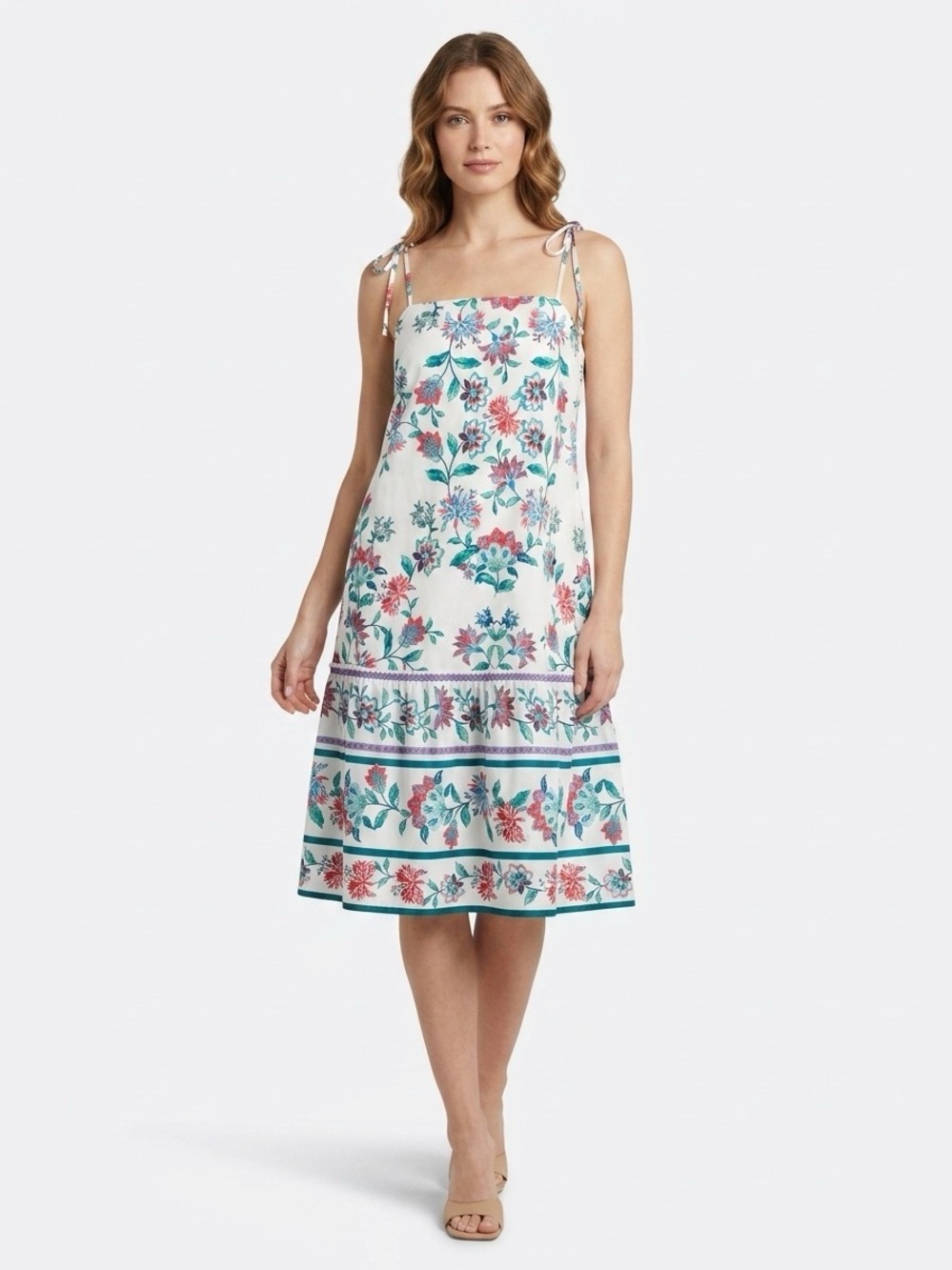 Julia Jordan Knee Length Dress Sz M Spaghetti Straps Floral Print white & blue